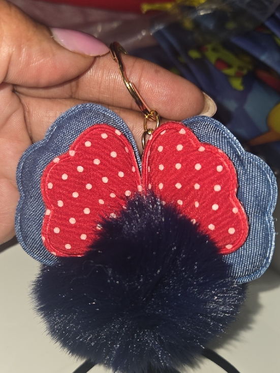 Accessories - NEW..Polka Dot Red Bow Pom Keychain Charm - Women Accessories